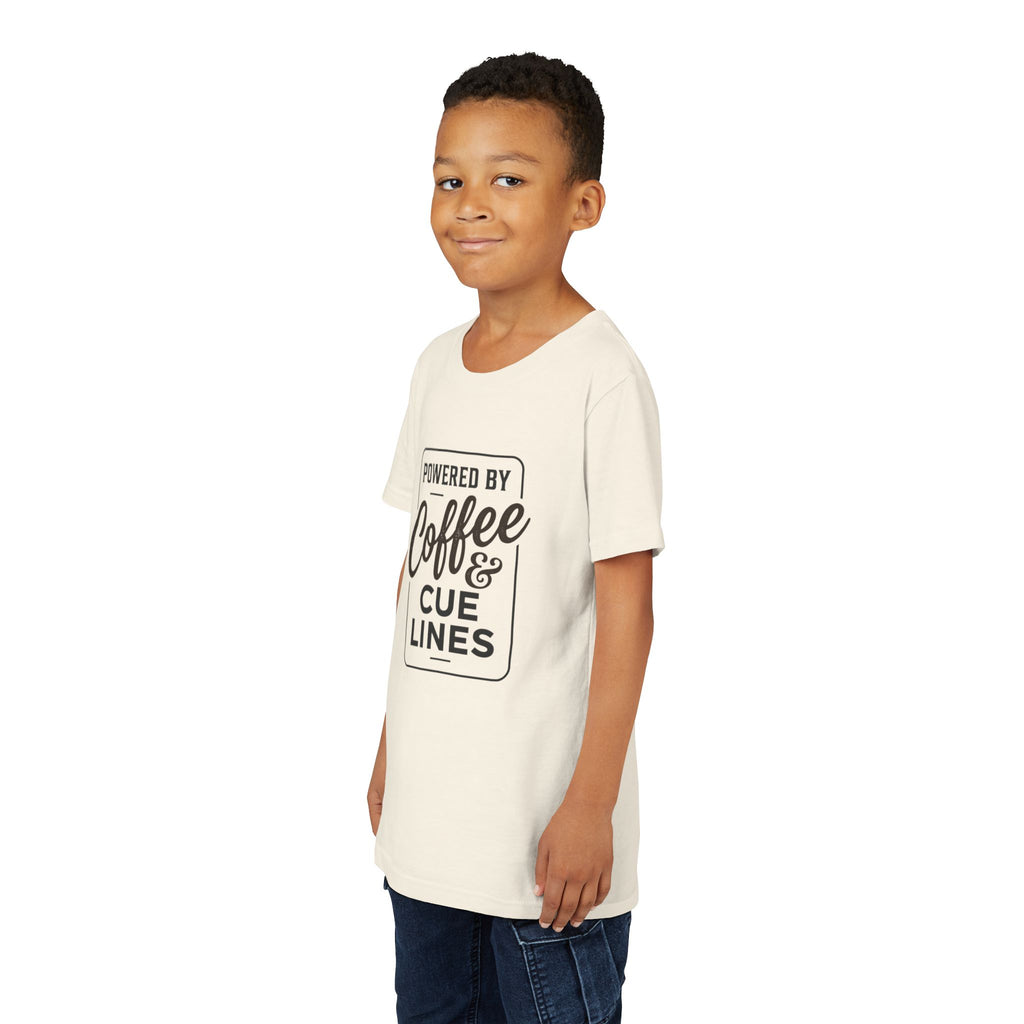 "Powered by Coffee and Cue Lines" Youth Tee — Theatre & Drama Kid Shirt