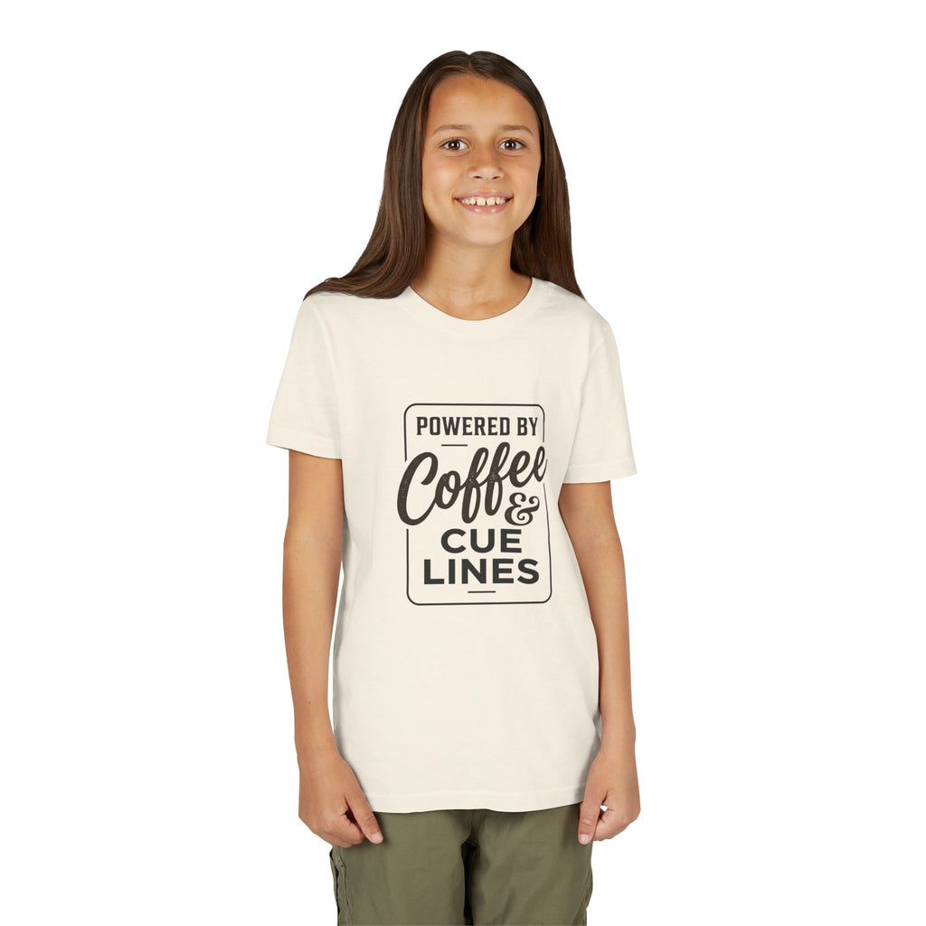 "Powered by Coffee and Cue Lines" Youth Tee — Theatre & Drama Kid Shirt