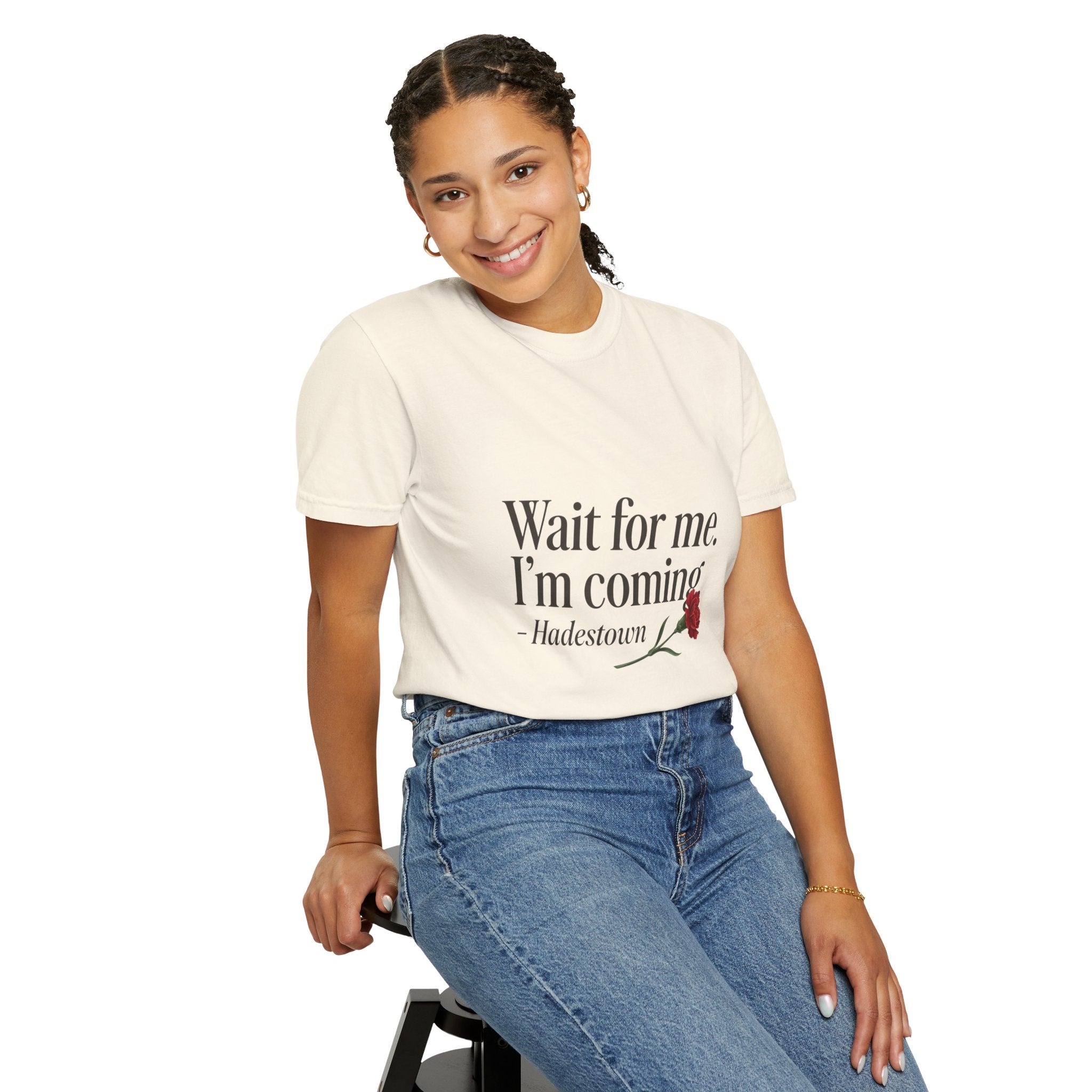 Wait for Me I'm Coming T‑Shirt – Hadestown Lyric Tee with Red Rose